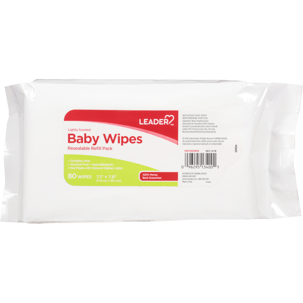 Image for Leader Baby Wipes, Lightly Scented, Resealable, Refill Pack, 80ea from FAMILY PHARMACY OF MOUNTAIN GROVE LCC
